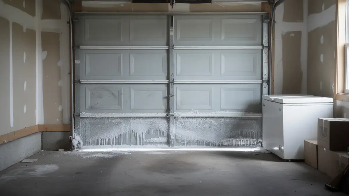 The garage door is covered in ice and icicles at the bottom.